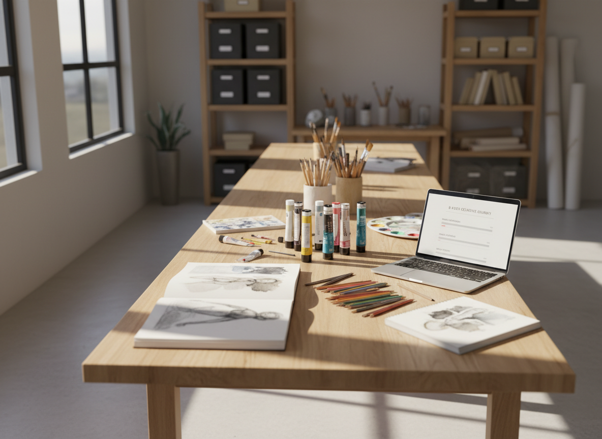 A spacious, sunlit home studio with a long, natural wood table covered in neatly arranged creative tools: sketchbooks open to partially finished drawings, vibrant tubes of acrylic paint, a set of graphite pencils sharpened to fine points, and a closed laptop displaying a minimalist course dashboard on its screen. Large windows allow soft afternoon light to wash across the table, creating gentle shadows and subtle reflections on a smooth, pale floor. In the background, wall-mounted shelves hold labeled boxes and organized art supplies. Photographic realism, eye-level composition with a shallow depth of field, focusing on the tools in the foreground. The atmosphere feels structured, professional, and quietly inspiring, suggesting an organized 8-week creative journey at home.